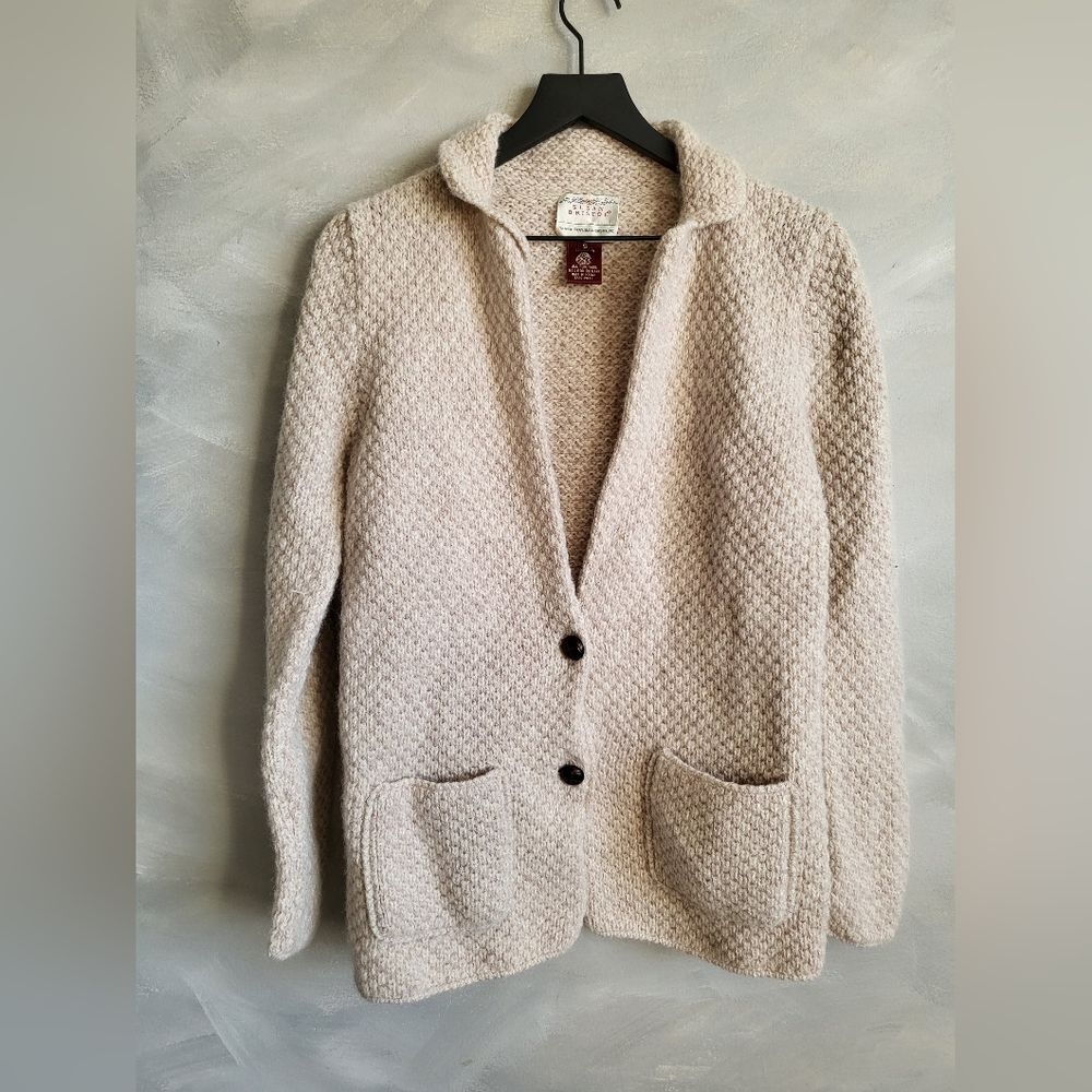 Susan Bristol Leather Button Oatmeal Pink Knit Pure Wool Cardigan Size S